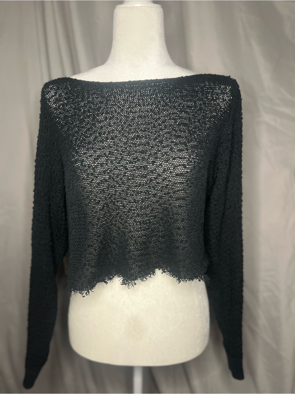 Frenchi Black Off-the-Shoulder Cropped Open-Knit Sweater